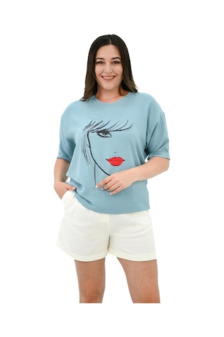 Kadın Büyük Beden Yüz Baskılı T-shirt 1788-25 001