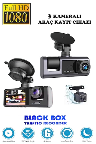 Araç İçi 3 Kameralı 1080p /2.0 İnç Lcd Ekranlı /gece Görüşlü /ger