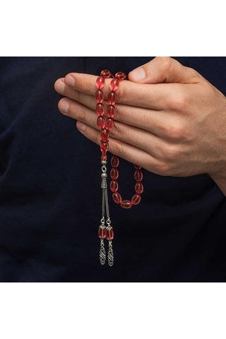 Gümüş Püsküllü Ateş Kehribar Tesbih Sl12592 Gümüş