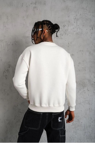 Mbb E-ticaret Erkek Düz Bisiklet Yaka 3 İplik Pamuklu Sweatshirt - Beyaz