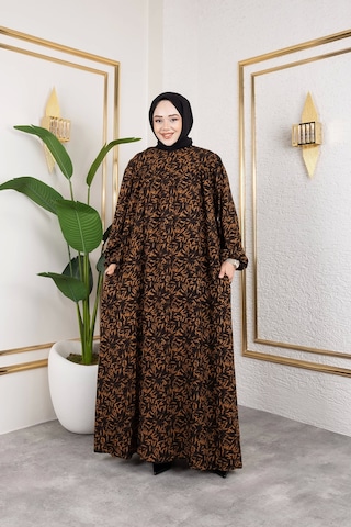 Nevayla Moda Robalı Desenli Viskon Elbise - Kiremit / E0126 Kiremit