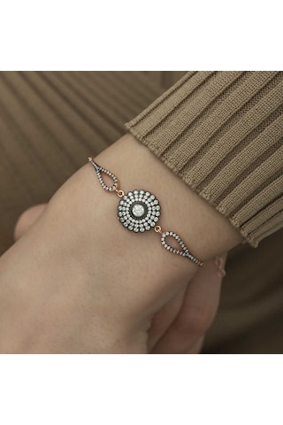 925 Ayar Gümüş Rose Elmas Montür Çiçek Bileklik Gümüş - Rose
