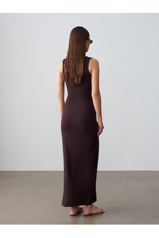 Dilvin 91652 Fitilli Midi Elbise-koyu Kahve