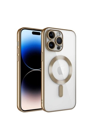 Apple Uyumlu iPhone 14 Pro Max Kılıf Kamera Korumalı M-safe Wireless Şarj Özellikli Zore Demre Kapak Gold