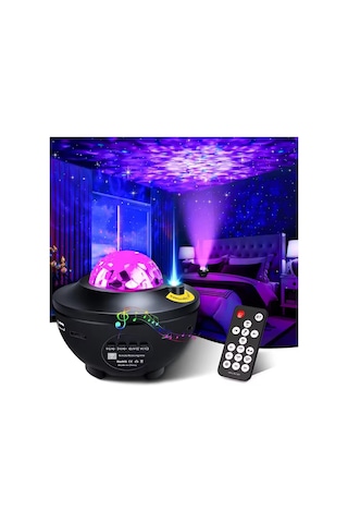 Bluetoothlu Hoparlörlü Müzikli Projektörlü Led Işık Yansıtmalı Çocuk Bebek Odası Gece Lambası Siyah