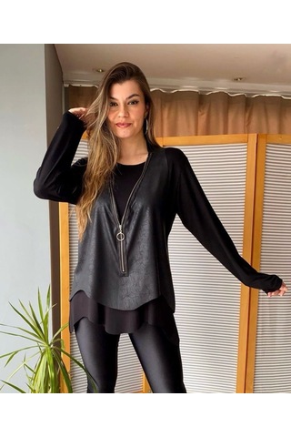 Pazarella Kadın Uzun Kol Asimetrik Kesim Viskon Bluz Ve Çatlak Deri Görünümlü Fermuar Detaylı Yelek Ikili Takım Siyah