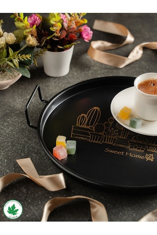 Lin Metal 24cm Yuvarlak Tel Kulplu Tepsi Kaktüs Baskılı - Siyah