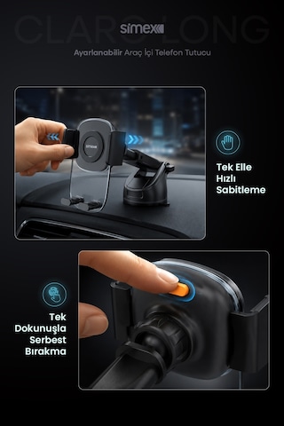 Simex Ultra Stabil Vakumlu Araç İçi Telefon Tutucu 360° Dönebilen Ayarlanabilir Vantuzlu Araba Standlı
