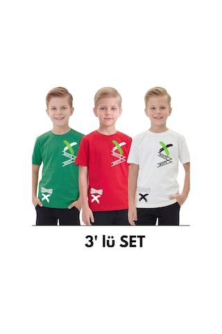 Fyk Kids 3'lü White Yazı Baskılı Yuvarlak Yaka Kısa Kollu Erkek Çocuk Yazlık Tişört Yeşil - Kırmızı