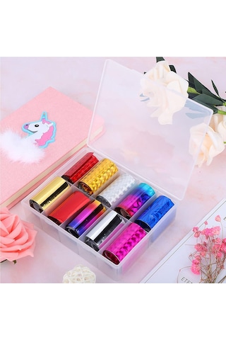 10lu Tırnak Süsleme Folyosu Parlak Holografik Dizayn Düz Renk Nail Art Transfer Folyo Wnf-230