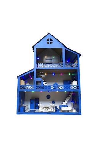 Ahşap Oyun Evi 100Cm 36 Eşya Mavi Led Işıklı