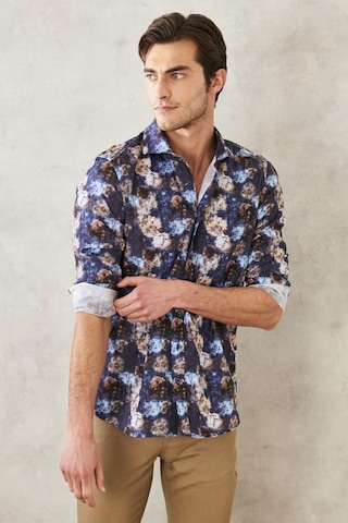 AC&Co / Altınyıldız Classics Erkek Lacivert Slim Fit Dar Kesim İtalyan Yaka Baskılı Gömlek 4A2022200019LACXL Lacivert