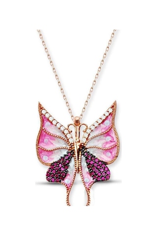 Modahilye 925 Ayar Gümüş Pembe Kelebek Zirkon Taşlı Rozegold Kadın Kolye Rose Gold
