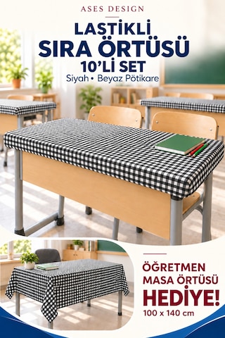 Siyah Beyaz 10'li Lastikli Sıra Örtüsü, 100x140 Cm Öğretmen Masa Örtüsü Hediye
