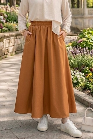 Bestenur Cepli Beli Lastikli Poplin Etek 1727 - Taba