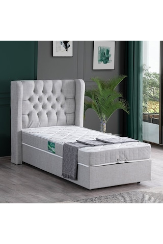 Setaymobilya Baza, Riga Tek Kişilik Baza + Başlık + Comfort Yatak, Açık Gri