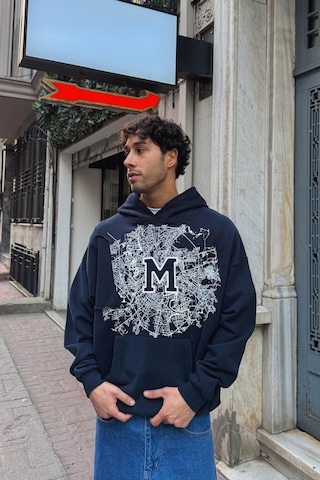 Flaw M Baskılı Hoodie-28588 Lacivert