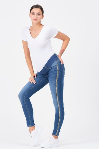 Busa Hamile Kot Pantolon Skinny Leoparlı Yan Şerit Mavi-mavi