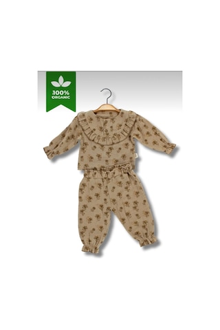 Babyhola Kız Bebek Bayramlık Takım Fırfır Yakalı Çiçek Desenli Müslin İkili Set 2010 Kahverengi