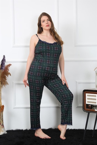 Akbeniz Kadın Büyük Beden Yeşil Ekoseli İp Askılı Pijama Takım 202197 Çok Renkli