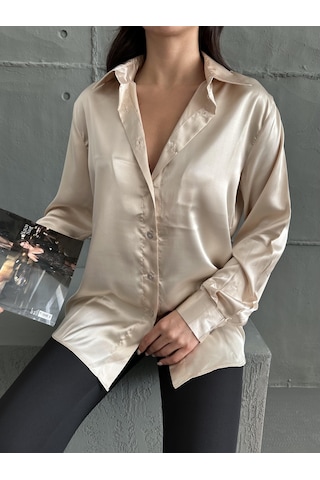 Kadın Oversize Taş Renk Saten Gömlek-taş Taş