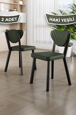 Fubi Serisi 2 Adet Taba Deri Mutfak,cafe, Restaurant Sandalyesi Siyah Metal İskeletli Haki Sandalye Siyah İskelet