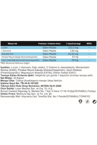 Vitrex L-Lizin L-Karnosin ve C Vitamini İçeren Takviye Edici Gıda 30 Kapsül