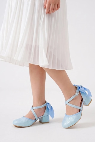 Nese Shoes Önden Çapraz Bantlu Kız Çocuk Topuklu Ayakkabı, Abiye Ayakkabı, Yeni Sezon, Pırıltılı Mavi