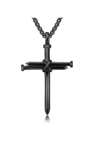 Çivi Haç Çarmih Istavros Katolik Erkek Siyah Metal Kolye Q0466 Beyaz