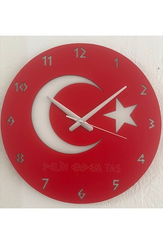 Kişiye Özel İsim Yazılı Ay Yıldız Türk Bayrağı Duvar Saati Epoksi Dolgulu 40 Cm Kırmızı - Beyaz