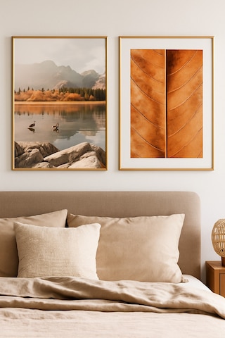 Sonbahar Zarafeti Modern Tablo - Gerçek Cama Baskı Gold Alüminyum Metal Çerçeveli 2'li