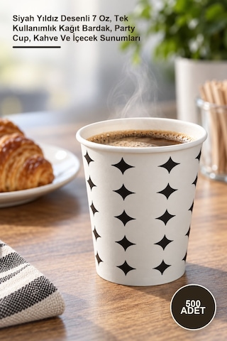 500 Adet Karton Bardak Siyah Yıldız Desenli 7 Oz, Tek Kullanımlık Kağıt Bardak, Party Cup, Kahve Ve İçecek Sunumları Diğer
