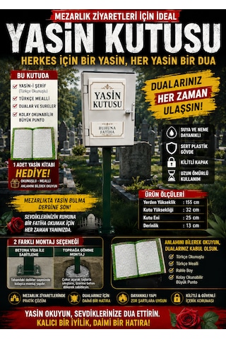 Mezarlık Yasin Kuran Kutusu Ayaklı Kilitli Kabir Başucu Dua Kitabı Kutusu 155 Cm Yasin Hediyeli