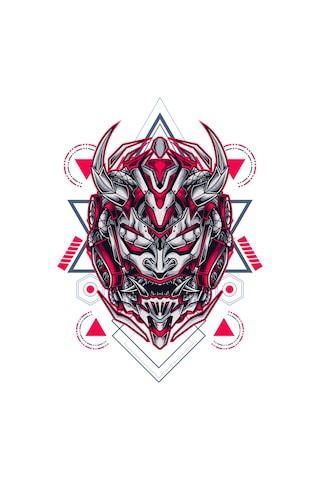 Paybuy Erkek Tişört Geometrik Samuray Miğferi Vektör Baskısı Cyberpunk T Beyaz