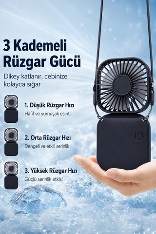 Delux Serisi Şarjlı El Vantilatörü F05 Siyah Ofis Bireysel Hediye