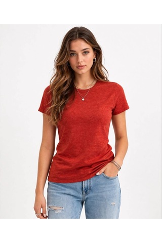 Novalisse Kadın Flam Kumaş Melanj Dokulu Regular Fit Tişört Bisiklet Yaka Yazlık T-shirt - Kiremit Çoklu Renk