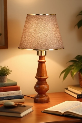 Ahşap Gövdeli Kumaş Başlıklı Dekoratif Abajur Masa Lambası Aydınlatma Lamba Kahverengi