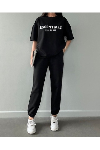 Essentials T-shirt Eşofman Altı Jogger- Siyah Baskı Alt Üst Eşofman Takımı Oversize Bisiklet Yaka Siyah