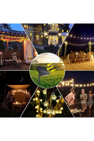 Mighty Enerji Tasarruflu Güneş Enerjili Cam 7 M 50 Led Sarı Aydınlatma Lambası Bahçe Süsü Set - Tekli Set