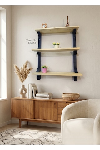 Modern 3 Katlı Ahşap Duvar Rafı Dekoratif Masif Ahşap Kitaplık Ve Duvar Rafı Siyah - Ahşap