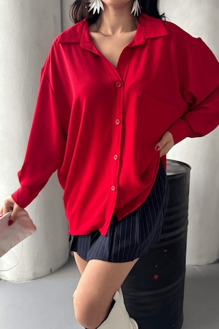 Paw Garage Kadın Perla Kırmızı Tek Cepli Oversize Gömlek, Geniş Kalıp Gömlek, Aerobin Gömlek Kırmızı