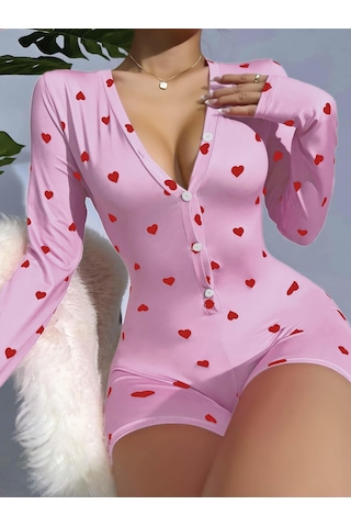 Kadın Pembe Kalp Desenli Pijama Tulumu 5121 Kırmızı
