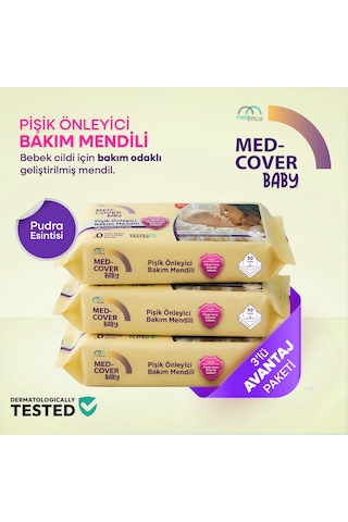 Med-cover Baby Pişik Önleyici Bakım Mendili Pudra Esintisi / 50'li x 3 Avantaj Paketi