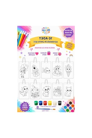 30x40 Cm Boyutunda 10 Adet Boyanabilir Bez Çanta Seti, Akrilik Boya Ve Fırça İle