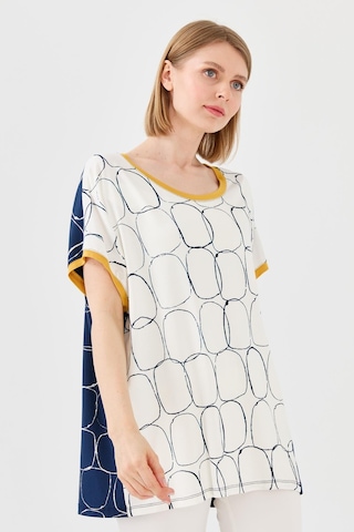 Kadın Yakası Ve Kolu Sarı Bantlı Penye T-shirt Laci/ekru Lacivert