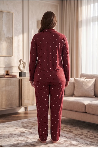 Seboteks Süet Kumaş Önden Düğmeli Büyük Beden Kadın Pijama Takımı 2800 Bordo