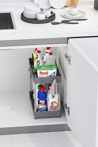 2 Adet Gri 2 Katlı Düzenleyici Mutfak Ve Banyo Rafı
