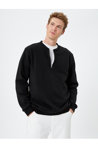 Koton Yarım Fermuarlı Sweatshirt Kolej Yaka Uzun Kollu Ribanalı Şardonlu Siyah 4wam70071mk Siyah