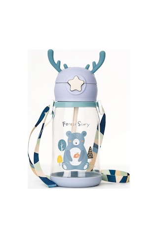 Lexroo Geyik Figürlü Pipetli Su Matarası 700 Ml Askılı Sticker Hediyeli Çocuk Suluk Gıda Sınıfı Çok Renkli