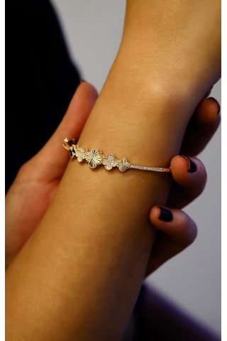 Taş Detaylı Yonca Altın Bieklik Sarı - Beyaz